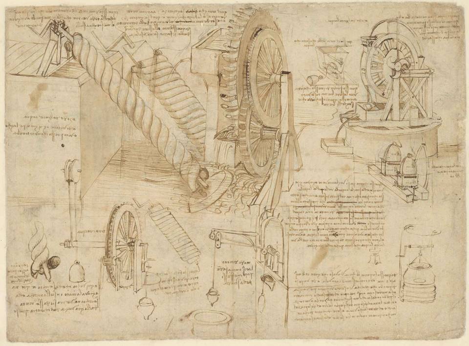 A page of Leonardo da Vinci's notebook, the Codex Atlanticus, with drawings of machines and notes
